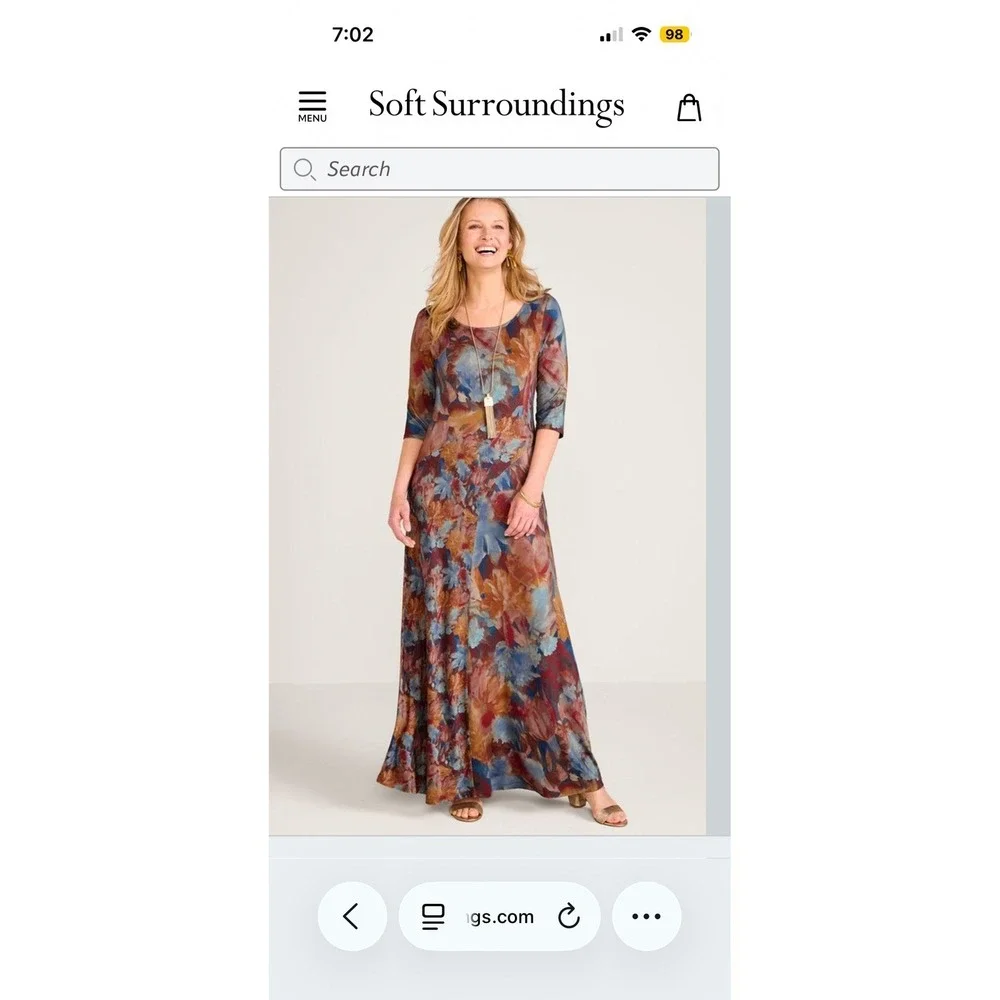 Soft‎ Surroundings Floral Print Maxi Dress 3/4 Sleeve Round Neck multi Size S
